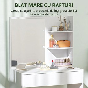 HOMCOM Masă de machiaj cu oglindă, 3 rafturi în colț și sertar, din lemn și sticlă, 75x40x137 cm, Alb | Aosom Romania