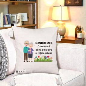 Cadou pentru Bunici - Perna Personalizata Bunicii Mei Comoara Cuplu Senior cu Flori Colorat, 40x40 cm, Bej cu Franjuri, Husa Detasabila, Perna Inclusa, BEKZ®
