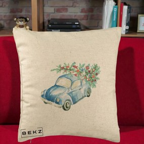 Perna Decorativa Masinuta Albastra cu Brad de Craciun, 40x40 cm, Bej, Husa Detasabila, Perna Inclusa, BEKZ®