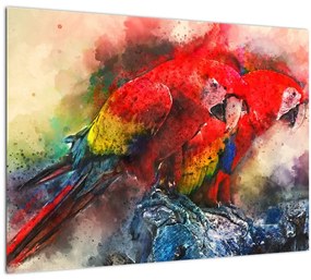 Tablou pe sticlă - Papagali roșii ara (70x50 cm)