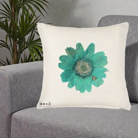 Perna Decorativa Floare Gerbera Teal Acuarela, 40x40 cm, Crem Reliefat, Husa Detasabila, Perna Inclusa, BEKZ®