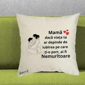 Cadou pentru Mama - Perna Personalizata Mama Nemuritoare Kawaii, 40x40 cm, Ecru, Husa Detasabila, Perna Inclusa, BEKZ®