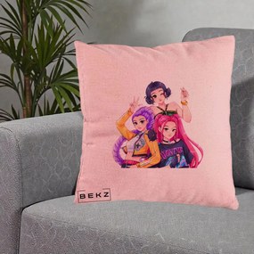 Perna Personalizata K-pop HUNTRX Trio Animat Fete Foto, 40x40 cm, Roz, Husa Detasabila, Perna Inclusa, BEKZ®