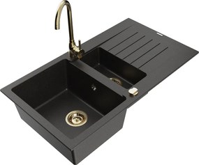 Mexen Matias chiuvetă de granit cu 1,5 cuve, scurgător și baterie de bucătărie Telma, negru/auriu - 6502-75-670200-50