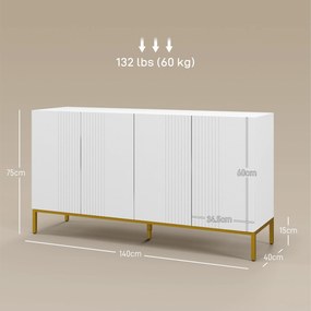 HOMCOM Bufet Modern cu 4 Uși și Rafturi Reglabile, Mobilier pentru Living cu Închidere Moale, 140x40x75 cm, Alb | Aosom Romania