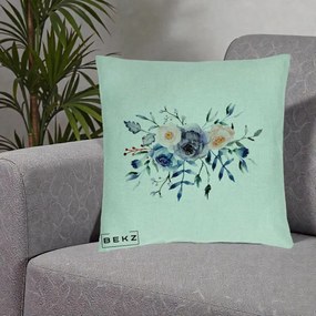 Perna Decorativa Buchet Flori Albastre Acuarela, 40x40 cm, Verde Menta, Husa Detasabila, Perna Inclusa, BEKZ®