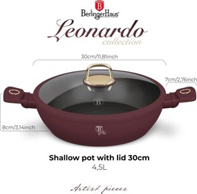 Cratita cu capac 30 cm 4,5L Leonardo Collection Berlinger Haus BH 8039, visiniu mat, mancarea nu se lipeste, compatibila cu inductie