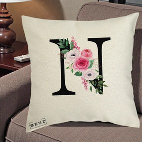 Cadou Personalizat - Perna Personalizata Monograma Florala Litera N, 40x40 cm, Ecru, Husa Detasabila, Perna Inclusa, BEKZ®