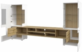 Mobilă pentru sufragerie Austin AV107Wotan stejar, Alb lucios, Cu comodă tv, Cu componente suplimentare, Solid, PAL laminat, Sticlă, 143x270x39cm