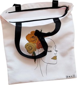 Sacosa de Panza pentru Cumparaturi, Geanta Tote, Flower Lady 15, Cu fermoar, 38x34.5 cm, Alba, BEKZ®