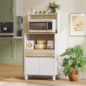 HOMCOM Dulap pentru Microunde din Lemn cu Raft, Blat Deschis, Sertar și Dulap, 60x40x131 cm, Alb | Aosom Romania