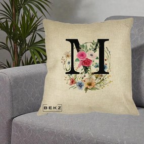Cadou Personalizat - Perna Personalizata Monogram Litera M cu Flori Acuarela, 40x40 cm, Crem, Husa Detasabila, Perna Inclusa, BEKZ®