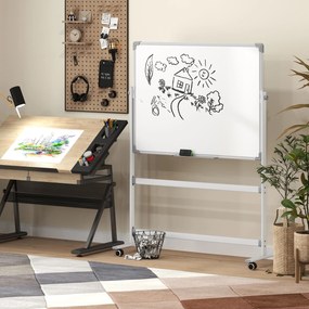 HOMCOM Tablă Magnetică cu 2 Fețe, Tablă Rotativă la 360° cu 3 Nivele Reglabile, Burete și Marker-e, 127x50x165 cm, Alb | Aosom Romania