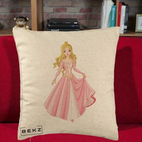Perna Decorativa Printesa Aurora Rochie Roz, 40x40 cm, Bej, Husa Detasabila, Perna Inclusa, BEKZ®