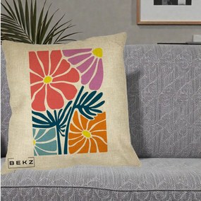 Perna Decorativa Flori Grafice Roz-Orange-Albastru, 40x40 cm, Crem, Husa Detasabila, Perna Inclusa, BEKZ®
