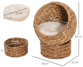 PawHut Patut pentru pisici cu inaltime din zambila de apa si fier cu perna detasabila si lavabila, 50x42x60 cm, maro | Aosom Romania