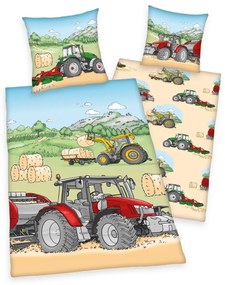 Lenjerie de pat copii, din bumbac, Tractor, 140 x 200 cm, 70 x 90 cm