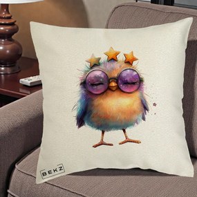 Perna Decorativa Pui Pop Star cu Ochelari Stele Violet, 40x40 cm, Ecru, Husa Detasabila, Perna Inclusa, BEKZ®