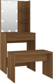 vidaXL Set de masă de toaletă cu LED, stejar maro, lemn prelucrat