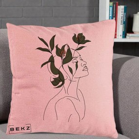 Perna Decorativa Portret Feminin Crin Verde, 40x40 cm, Roz, Husa Detasabila, Perna Inclusa, BEKZ®