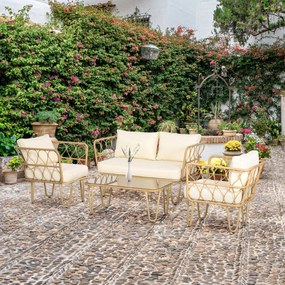 Outsunny Set de grădină canapea 2 locuri + 2 fotolii + 1 masă de cafea cu blat din sticlă securizată 7 perne ecru | Aosom Romania