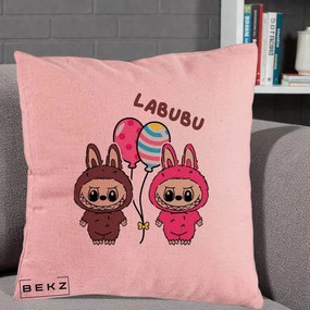 Perna Personalizata Labubu Cuplu cu Baloane, 40x40 cm, Roz, Husa Detasabila, Perna Inclusa, BEKZ®