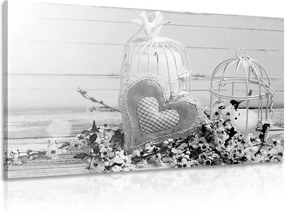 Tablou inimă vintage și felinare în design alb-negru