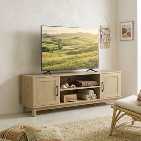 HOMCOM Comodă TV 135 cm, mobilier TV pentru televizor până la 165,1 cm cu 2 uși din ratan, 2 compartimente deschise, stejar | Aosom Romania