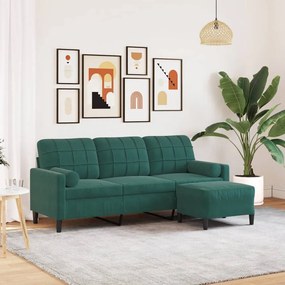 vidaXL Canapea cu 3 locuri și taburet, verde închis, 180 cm, catifea