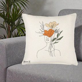 Perna Decorativa Portret Feminin Coroana Florala, 40x40 cm, Crem Reliefat, Husa Detasabila, Perna Inclusa, BEKZ®