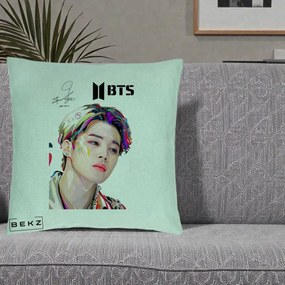 Perna Personalizata K-pop BTS Jimin Portret Artistic Multicolor cu Autograf, 40x40 cm, Verde Menta, Husa Detasabila, Perna Inclusa, BEKZ®