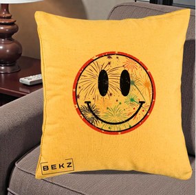 Perna Decorativa Smiley Face cu Artificii Multicolore, 40x40 cm, Galben, Husa Detasabila, Perna Inclusa, BEKZ®