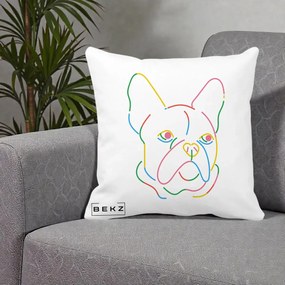 Perna Decorativa Bulldog Francez Line Art Curcubeu, 40x40 cm, Alba Mata, Husa Detasabila, Perna Inclusa, BEKZ®
