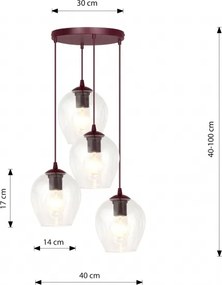 Lustră suspendată pe cablu ISTAR 4xE27/15W/230V Ø 40 cm roșie/transparentă