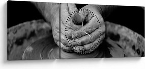 Tablou alb negru - producția de ceramică (cu ceas) (90x30 cm)