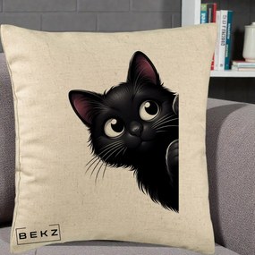 Perna Decorativa Pisica Neagra Dragalasa Curioasa, 40x40 cm, Bej, Husa Detasabila, Perna Inclusa, BEKZ®