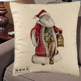 Perna Decorativa Mos Craciun Vintage cu Felinar, 40x40 cm, Bej, Husa Detasabila, Perna Inclusa, BEKZ®
