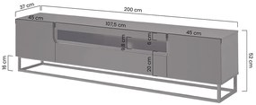 Dulap TV Loftia pe grilă metalică 200 cm - negru/negru mat