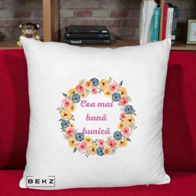 Cadou pentru Bunica - Perna Personalizata Cea Mai Buna Bunica Coronita Flori Multicolore, 40x40 cm, Alb Pufos, Husa Detasabila, Perna Inclusa, BEKZ®