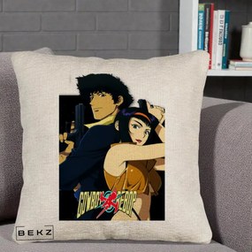 Perna Personalizata Cowboy Bebop Spike si Faye Poster, 40x40 cm, Bej Canapea, Husa Detasabila, Perna Inclusa, BEKZ®