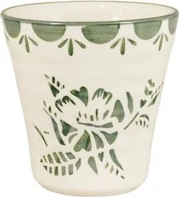 Cană din ceramică artizanală, natur, cu motive florale pictate manual verde și bordură decorativă, fără mâner, 10×10 cm, „Marion"