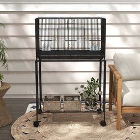 PawHut Colivie pentru Pasari cu Rotile 77x46x119 cm Cusca Metalica pentru Pasari cu Tava Detasabila 2 Suporturi 2 Hranitoare Negru | Aosom Romania