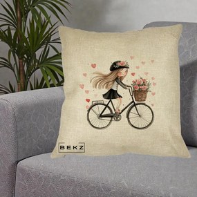 Perna Decorativa Fetita Kawaii pe Bicicleta cu Trandafiri si Inimioare, 40x40 cm, Crem, Husa Detasabila, Perna Inclusa, BEKZ®