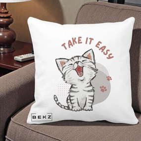 Perna Personalizata Take It Easy Cat, 40x40 cm, Alba Mata, Husa Detasabila, Perna Inclusa, BEKZ®