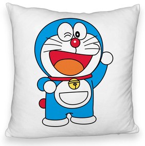 Perna Decorativa Fluffy, Model copii Doraemon, 40x40 cm, Alba, Husa Detasabila, Burduf