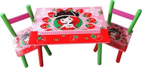 Masuta copii din MDF cu doua scaune Novokids™ My first table, dimensiuni 59X39X40, Suprafata lucioasa, Model Capsunica, Rosu cu Roz