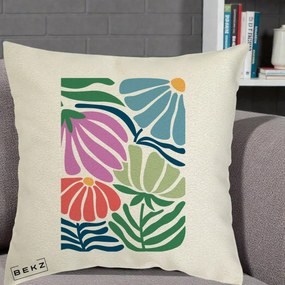 Perna Decorativa Flori Grafice Multicolore Modern, 40x40 cm, Ecru, Husa Detasabila, Perna Inclusa, BEKZ®