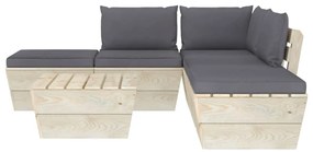 Set mobilier gradina din paleti cu perne, 6 piese, lemn molid Antracit, colt + 2x mijloc + masa + 2x suport pentru picioare, 1