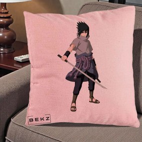 Perna Personalizata Naruto Sasuke Uchiha cu Sabia, 40x40 cm, Roz, Husa Detasabila, Perna Inclusa, BEKZ®