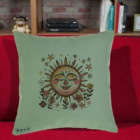Perna Decorativa Soare Retro Boho Floral, 40x40 cm, Verde, Husa Detasabila, Perna Inclusa, BEKZ®